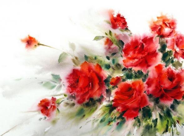алые розы - акварель, цветы, розы, букет, живопись - оригинал