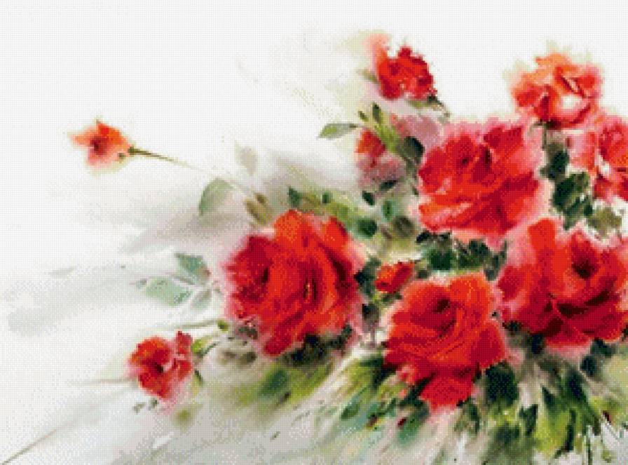 алые розы - акварель, розы, букет, цветы, живопись - предпросмотр