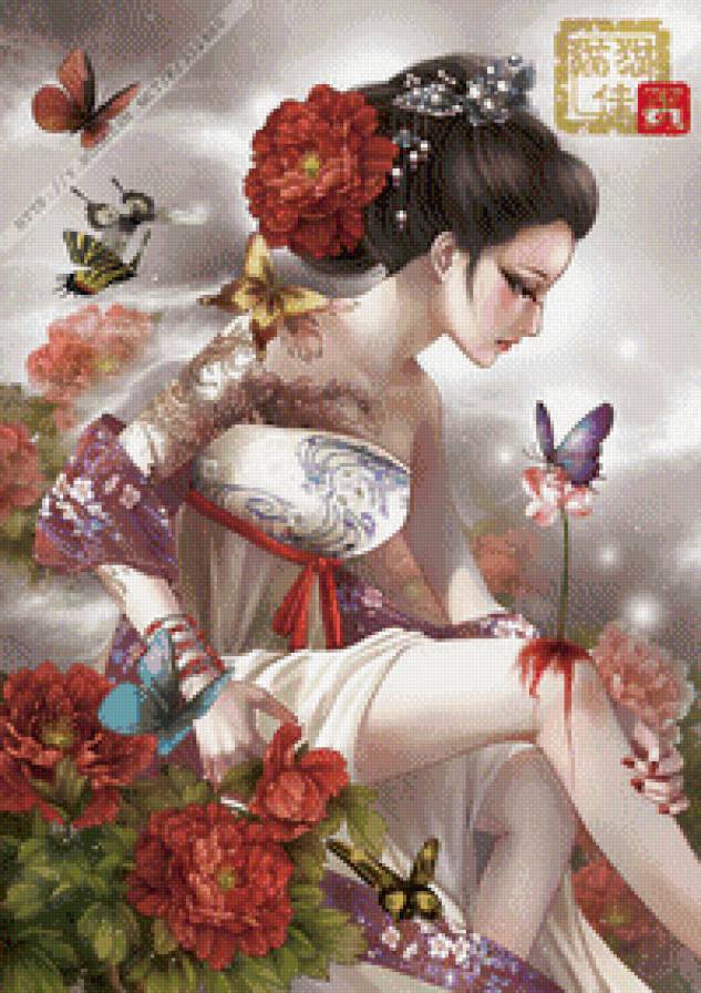 Японка - девушка, бабочка, цветы, восток, татуировка, женщина, япока - предпросмотр