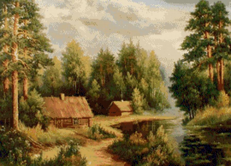 Лесная избушка - лес, пейзаж, речка, домик - предпросмотр