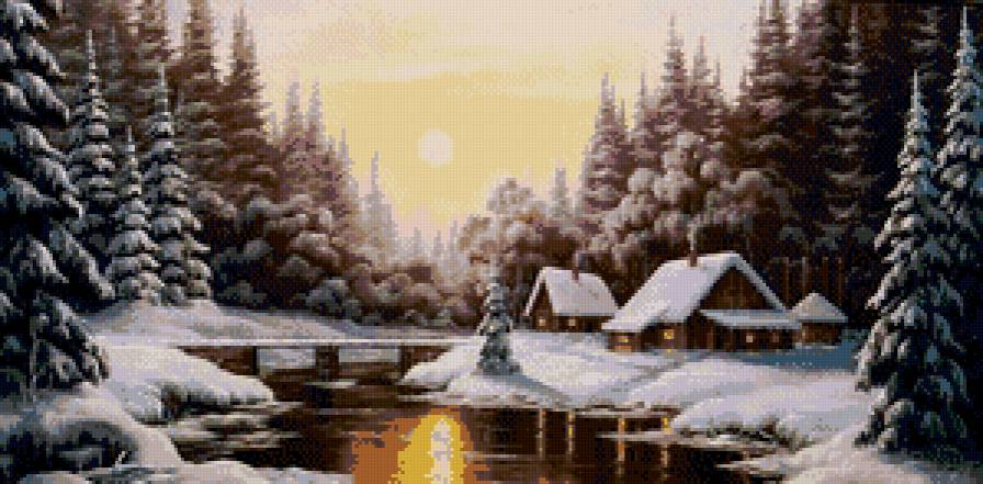 А.Найдёнов Зимний вечер - зима, мост, живопись, пейзаж, ели, домик, вода, лес - предпросмотр