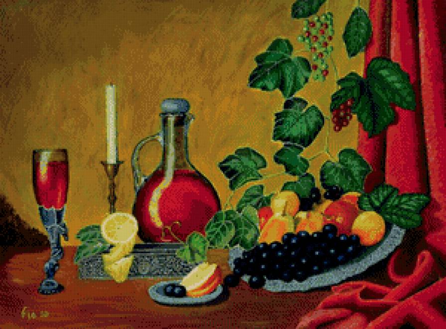 Яркий натюрморт - свеча, натюрморт, фрукты - предпросмотр