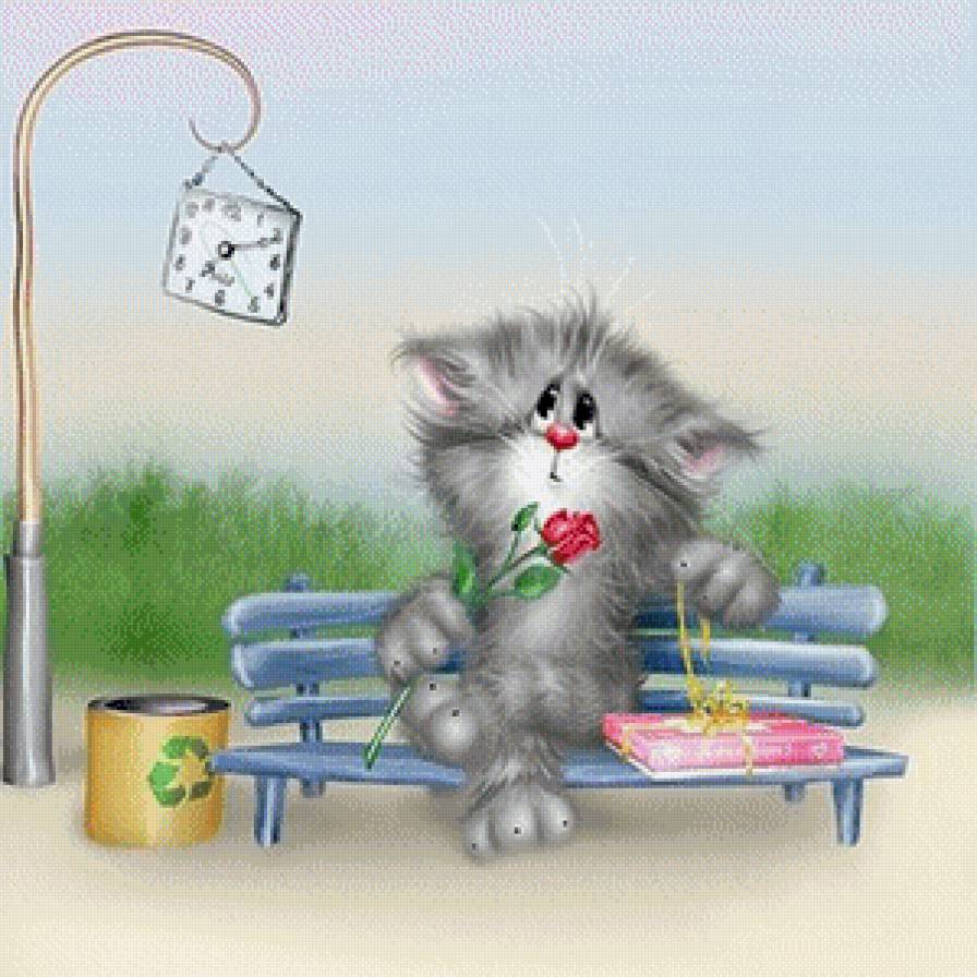 ожидание - свидание, котята, кот, время, часы, скамейка - предпросмотр