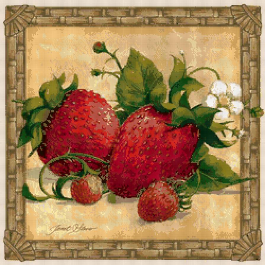 картинка на кухню - ягоды, цветы, листья, клубника, рамка - предпросмотр