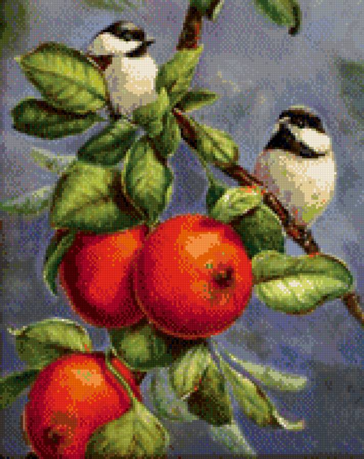 0189 - яблоки, лето, синицы, красота, птицы, природа, картина - предпросмотр