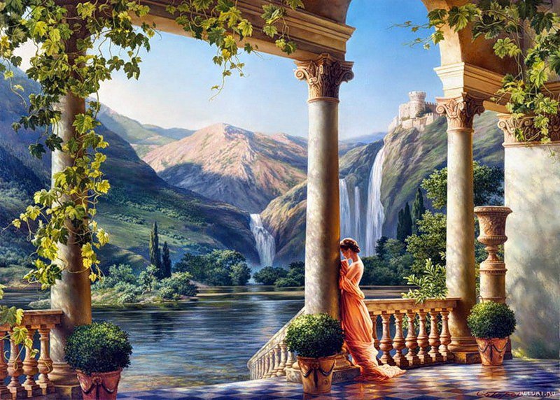 родные просторы - дворец, колонны, озеро, девушка, замок, река - оригинал