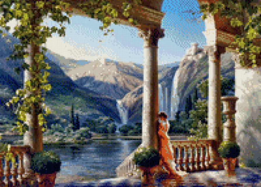 родные просторы - колонны, девушка, озеро, река, замок, дворец - предпросмотр