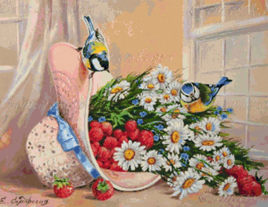 гости - птички, шляпа, цветы, букет - предпросмотр