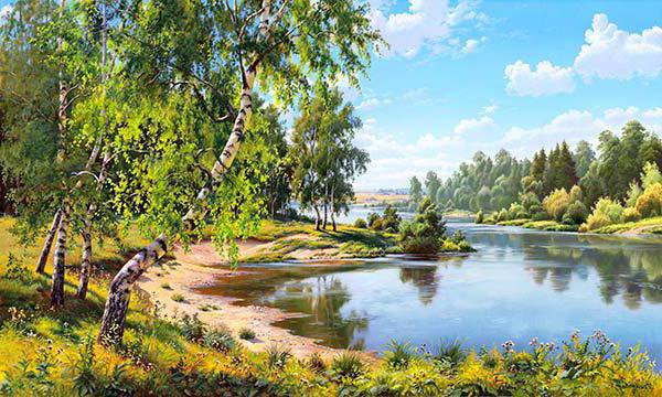 берег - береза, деревья, лето, вода, природа, река - оригинал