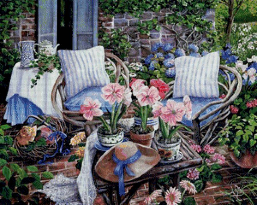 В саду - шляпа, сад, дом, цветы - предпросмотр