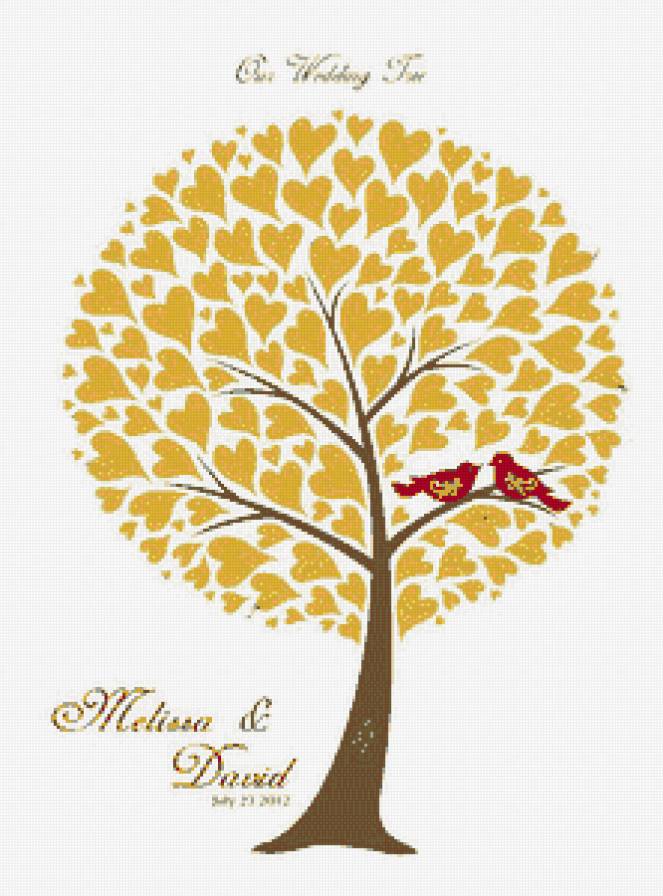 дерево - дерево, птицы, листья, сердечки - предпросмотр