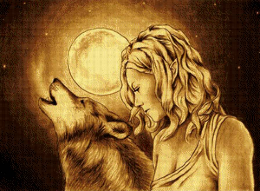 волк и девушка - картина, красота, девушка, фентази, портрет, глаза - предпросмотр