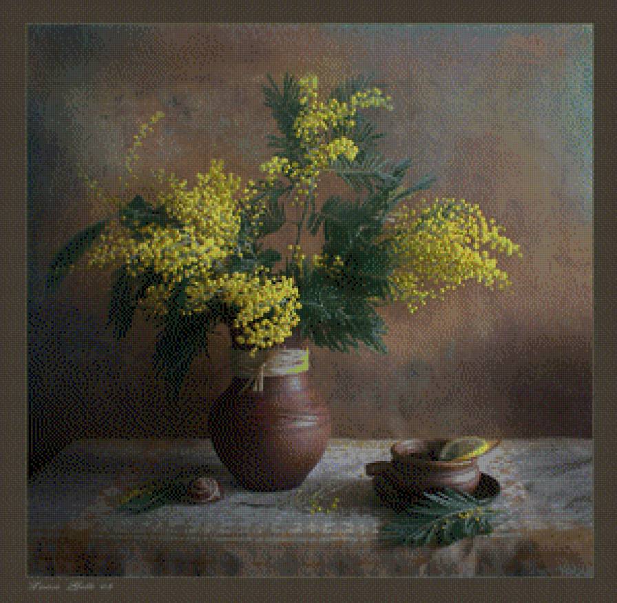 Натюрморт - мимоза, натюрморт, цветы, кувшин, посуда, ваза - предпросмотр