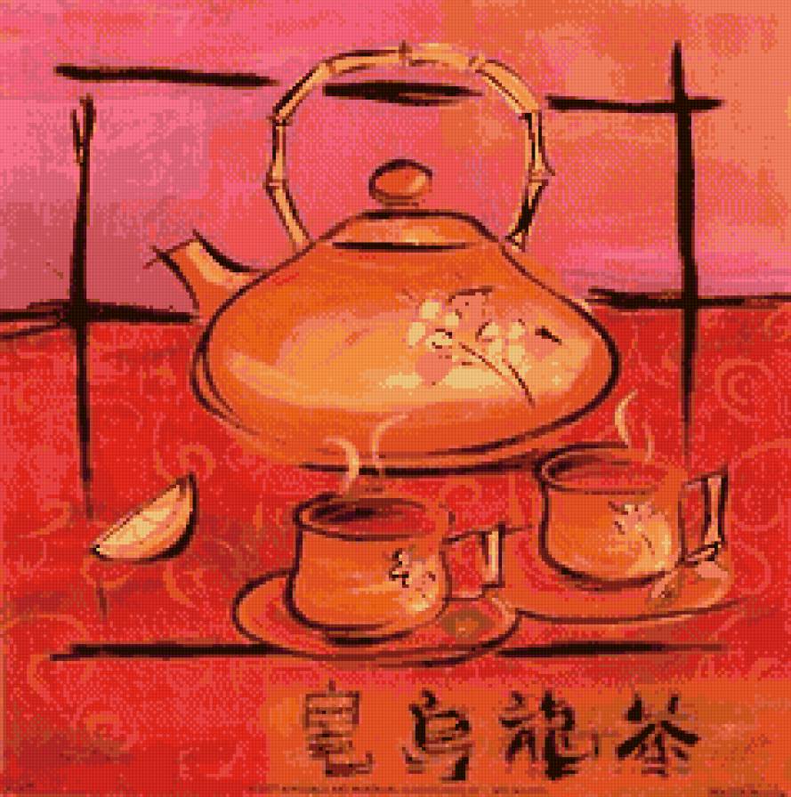 картинка на кухню - японский, иероглифы, лимон, чайник, чашки - предпросмотр