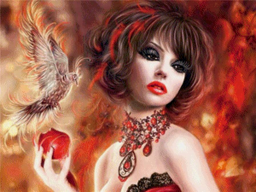 принцесса с птичкой - девушка, портрет, картина, красота, глаза, фентази - предпросмотр