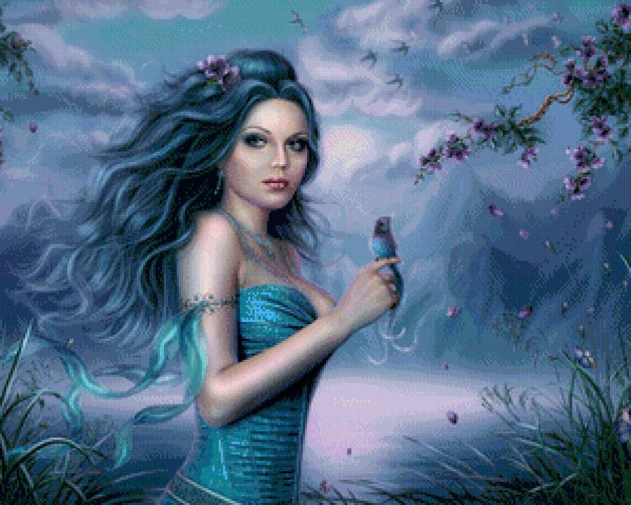 принцесса с птичкой - фентази, глаза, красота, девушка, портрет, картина - предпросмотр