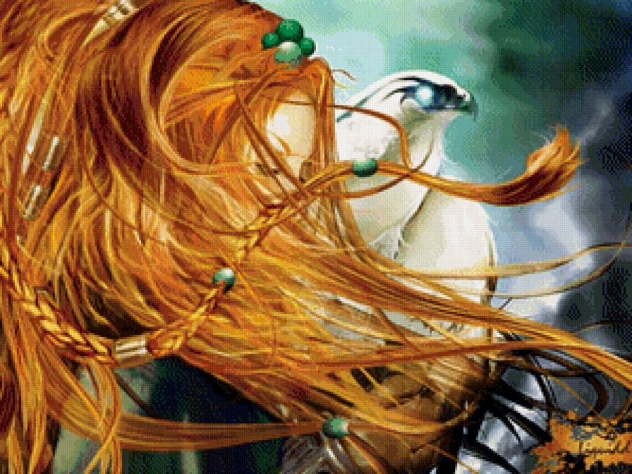 принцесса с птичкой - глаза, портрет, фентази, красота, картина, девушка - предпросмотр