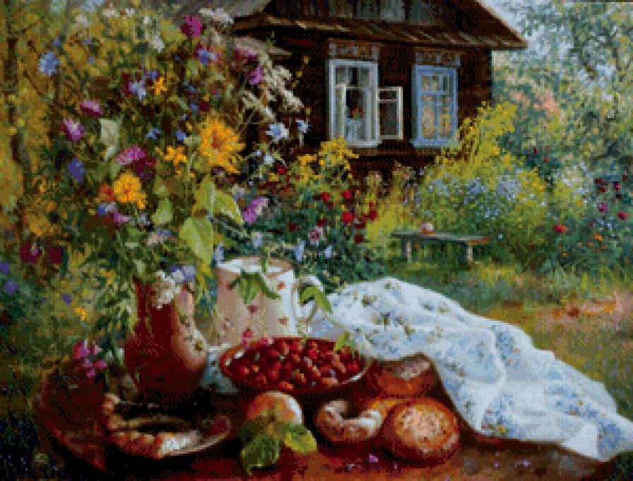 домик в деревне - цветы, дом, натюрморт, урожай, природа, деревня, живопись, еда - предпросмотр