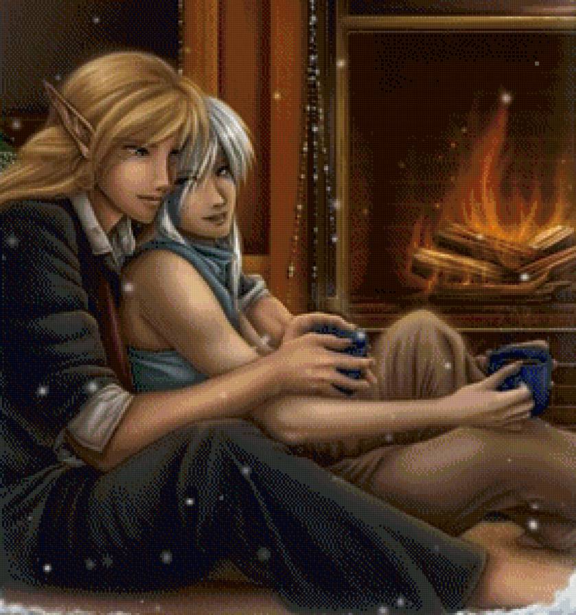 эльфы у камина - глаза, красота, девушка, картина, фентази, портрет - предпросмотр