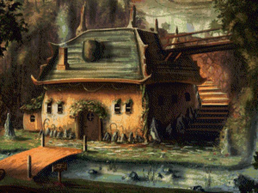 Домик - река, пейзаж, лестница, дом, мост - предпросмотр