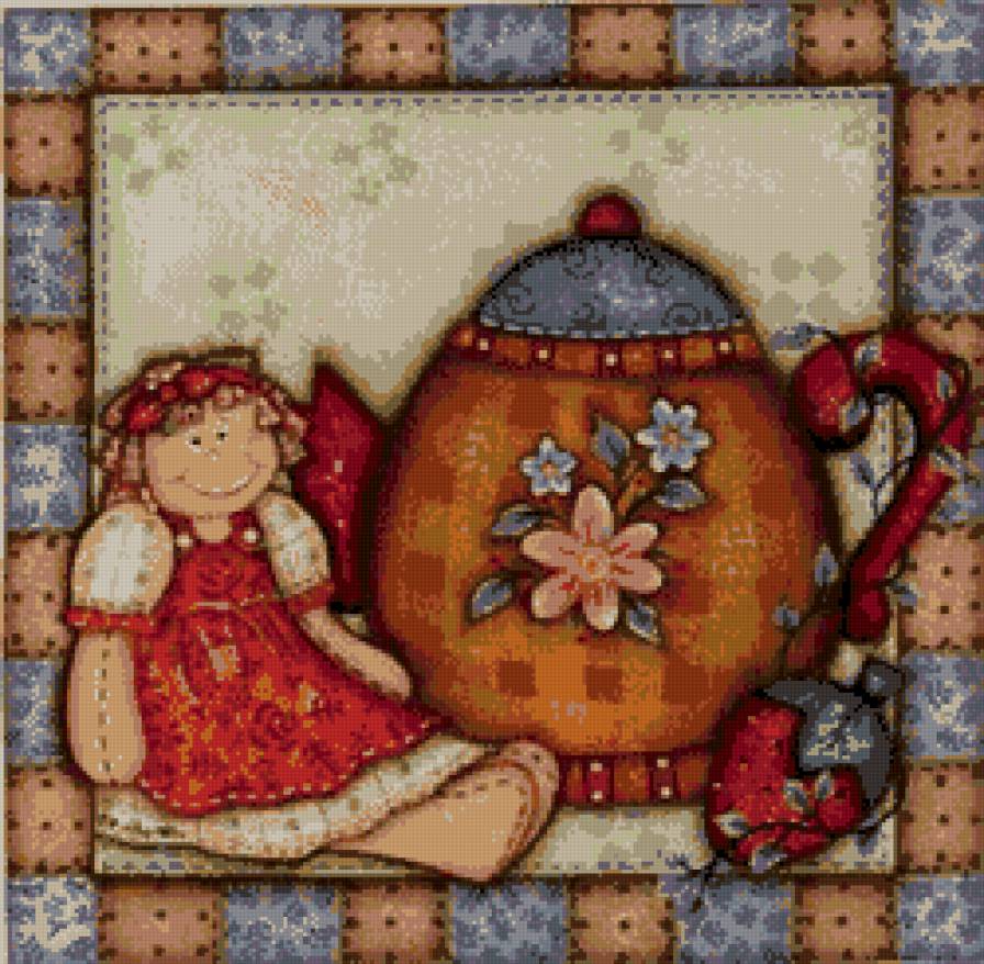 картинка на кухню - рамка, кукла, клубника, чайник - предпросмотр