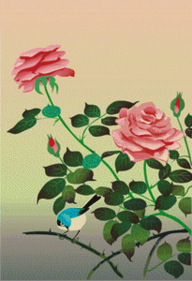 Розы с птицей - птицы, цветы - предпросмотр