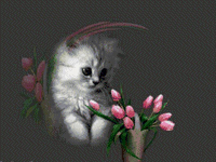 котенок с тюльпаном - цветы, малыши, удовольствие, коты, радость, милашка - предпросмотр