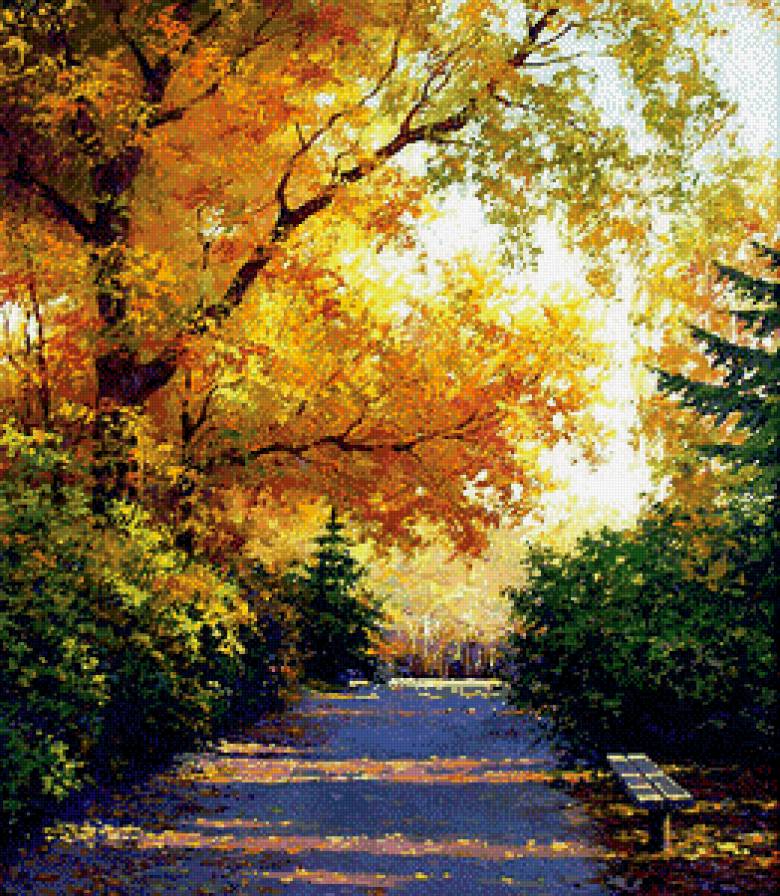 Тенистая аллея - аллея, солнце, осень, день, лавочка, пейзаж - предпросмотр