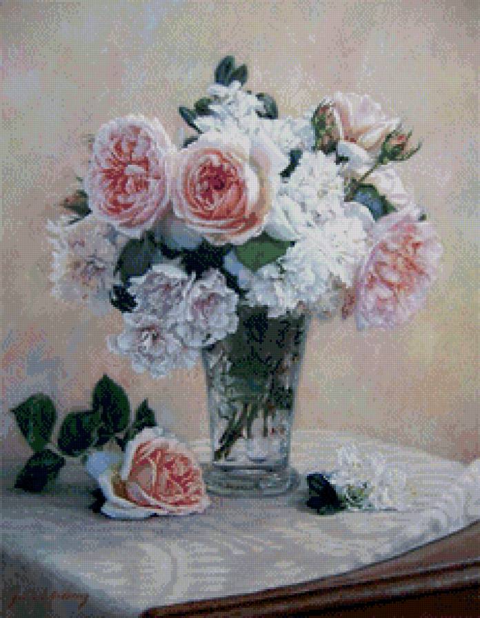 розы в стекляной вазе - розы, букет, ваза, натюрморт - предпросмотр
