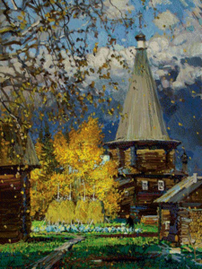 деревянная церковь - церковь, деревня, живопись - предпросмотр