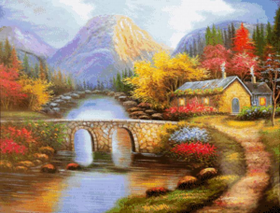 Домик в Горах - горы, домик, пейзаж, речка - предпросмотр