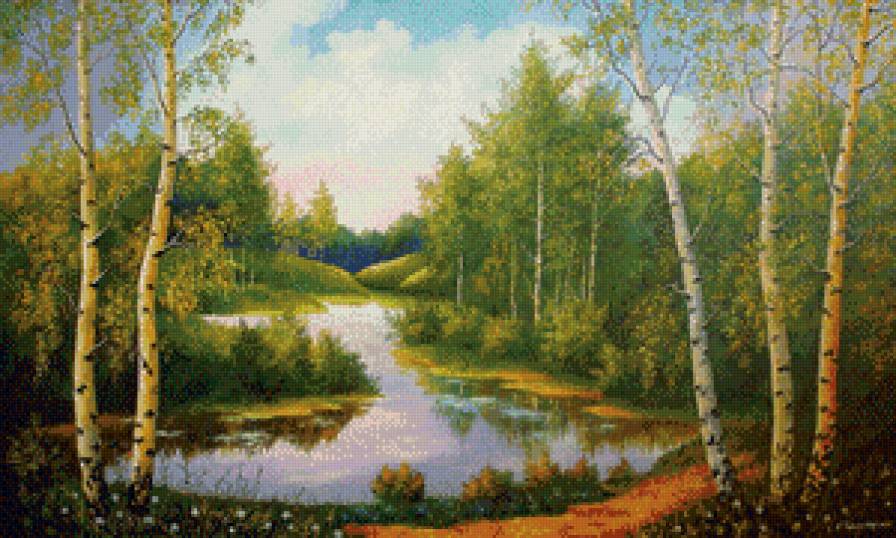 картина - природа, речка, пейзаж, лес - предпросмотр