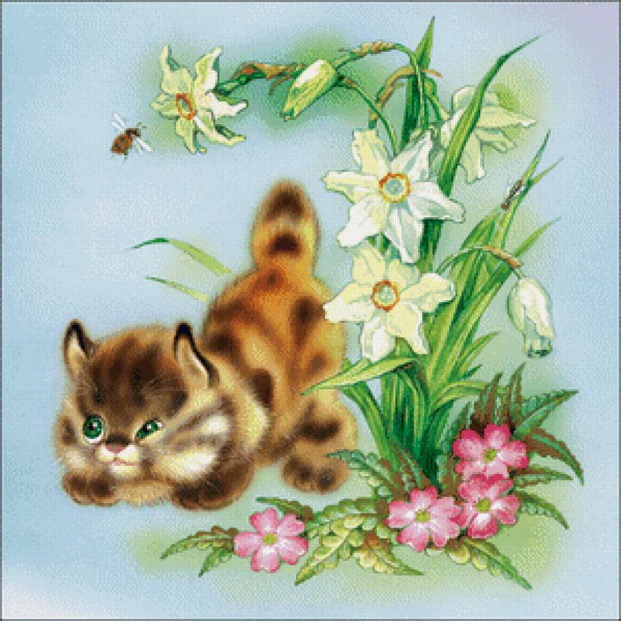 Хитрюга - детская, коты, пчела, животные, цветы - предпросмотр