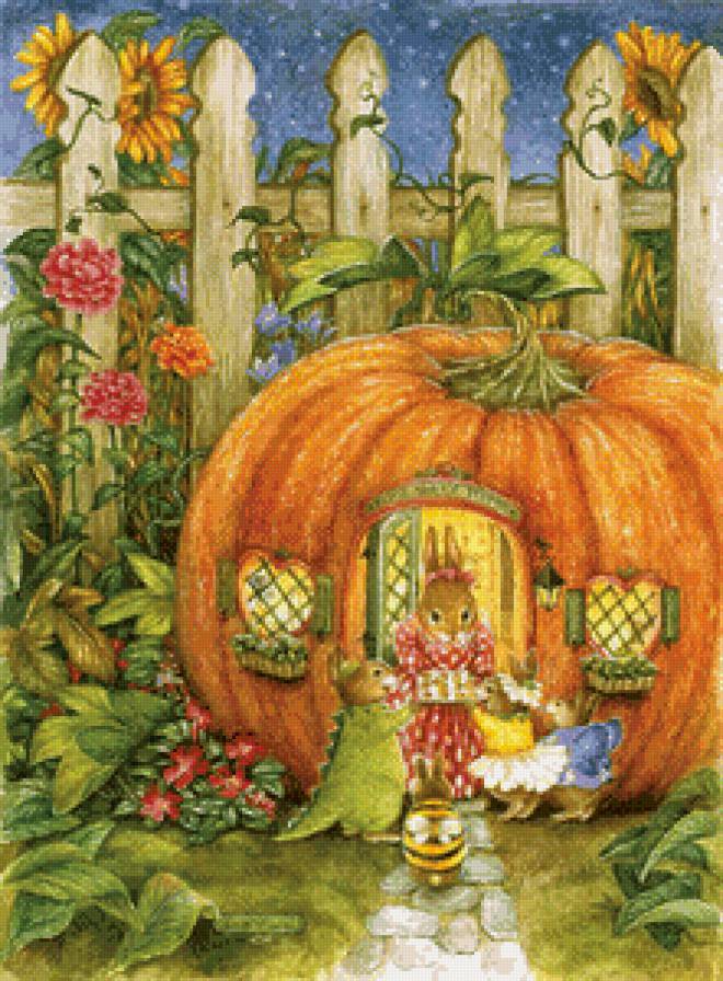 Домик тыкавка - сказка, кролики, открытка - предпросмотр