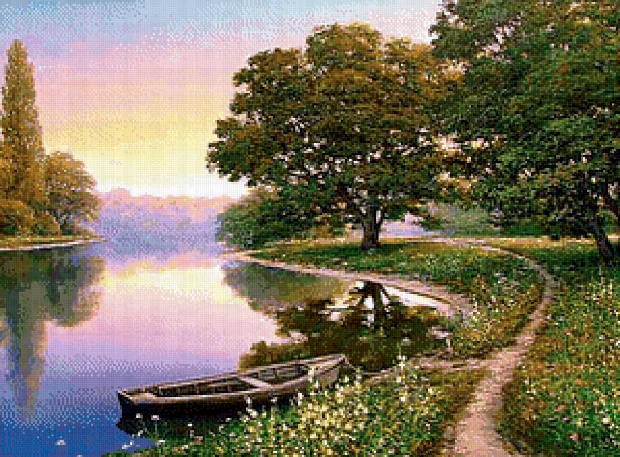 Туманным утром - утро, лодочка, рассвет, пейзаж, озеро - предпросмотр