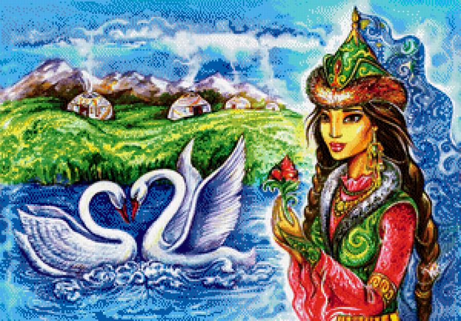 Девушка и лебеди - азия, красавица, фэнтези, пейзаж, девушка, восток, лебеди - предпросмотр