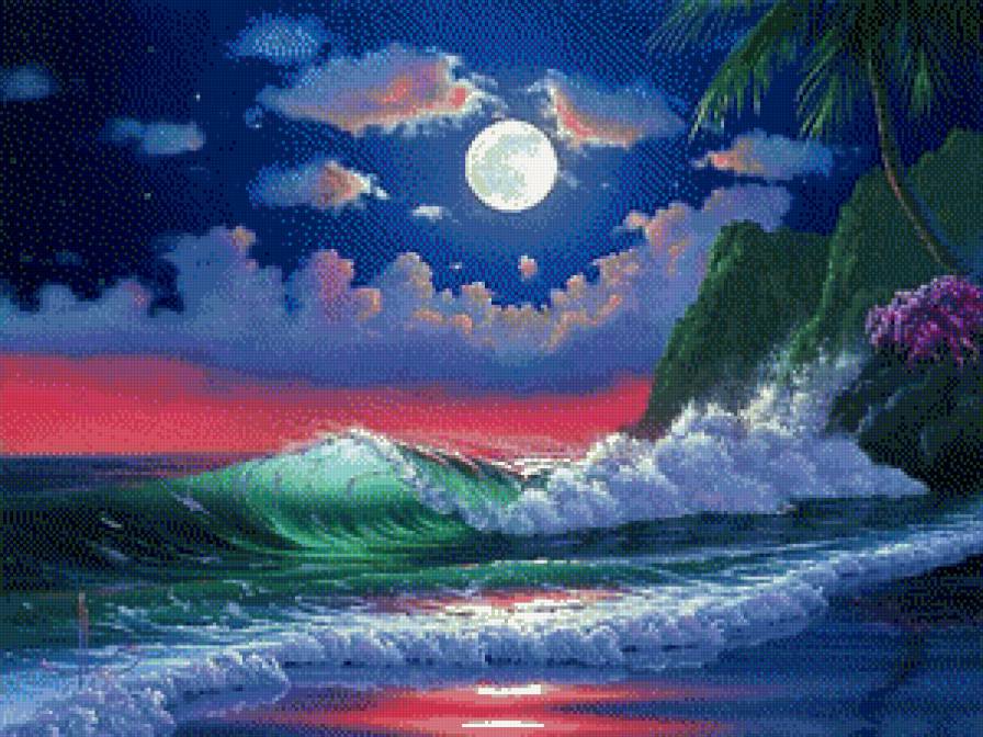 южный прибой - луна, ночь, море, пейзаж - предпросмотр