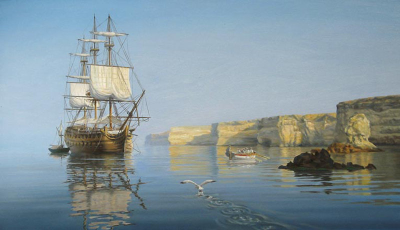 вход корабля в порт - порт, море, берег, корабль - оригинал