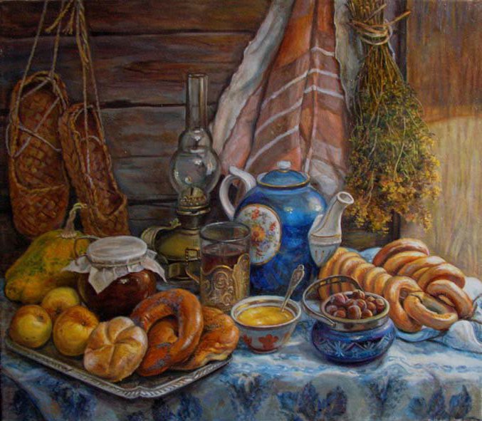 Чаепитие - бублики, натюрморт, чайник - оригинал