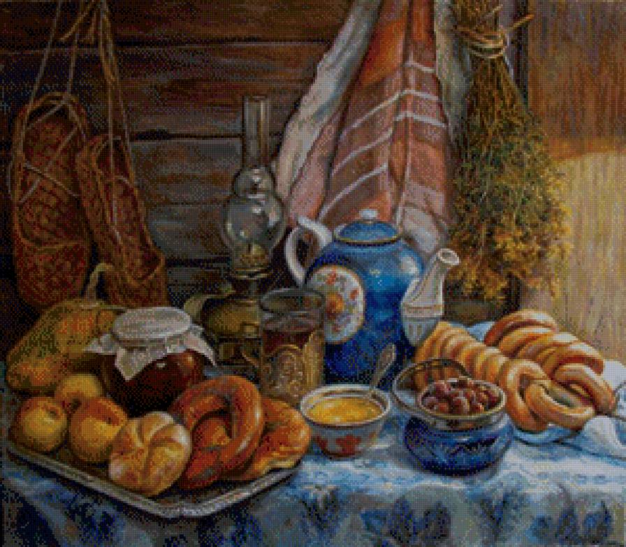Чаепитие - натюрморт, бублики, чайник - предпросмотр