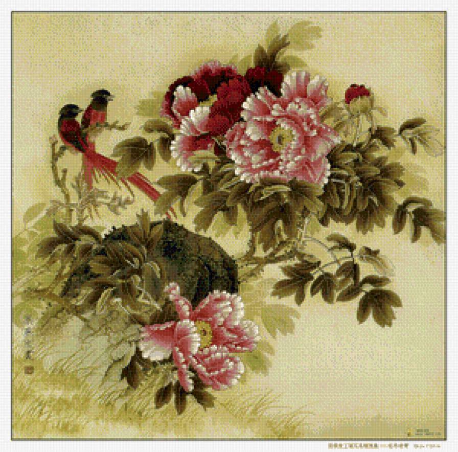 цветы в японском стиле - цветы, панно, птицы, живопись, япония - предпросмотр