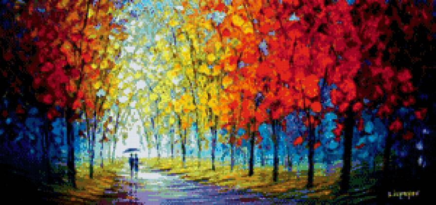 прогулка - аллея, двое, прогулка, дождь, живопись, осень - предпросмотр