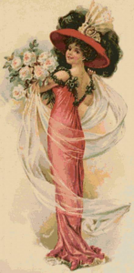 Дама с цветами - ретро открытка - предпросмотр