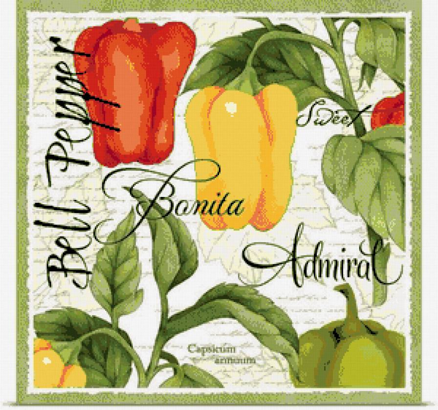 картинка на кухню - перец, рамка, надпись, красный, паприка, желтый, листья - предпросмотр