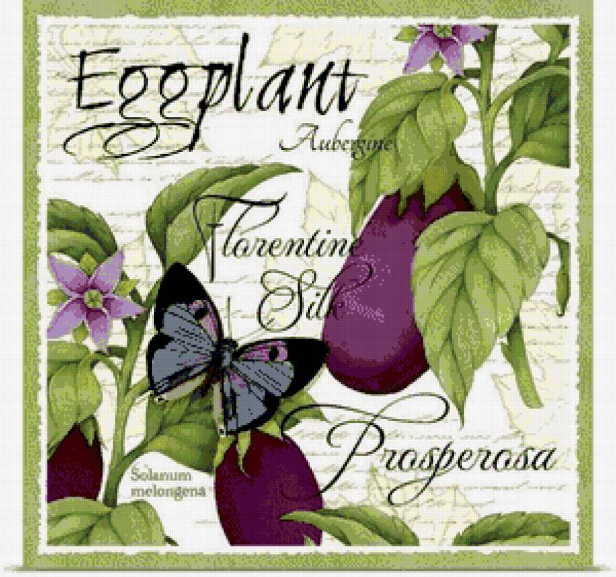 картинка на кухню - зеленые, надпись, рамка, баклажан, цветы, бабочка, листья - предпросмотр