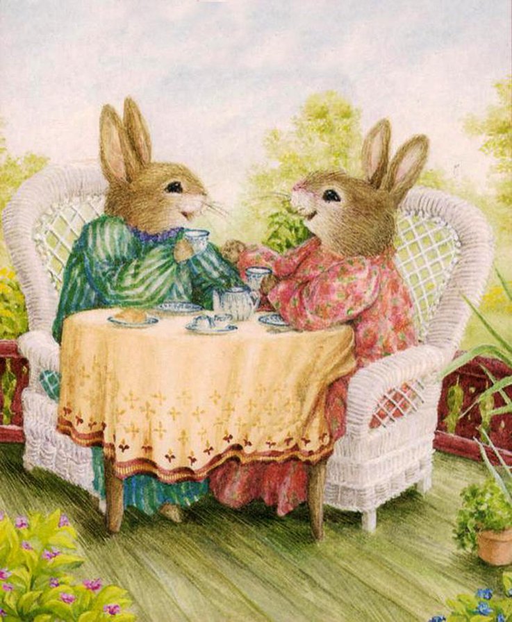 Выпьем чайку? - открытка, сказка, кролики, открытки - оригинал