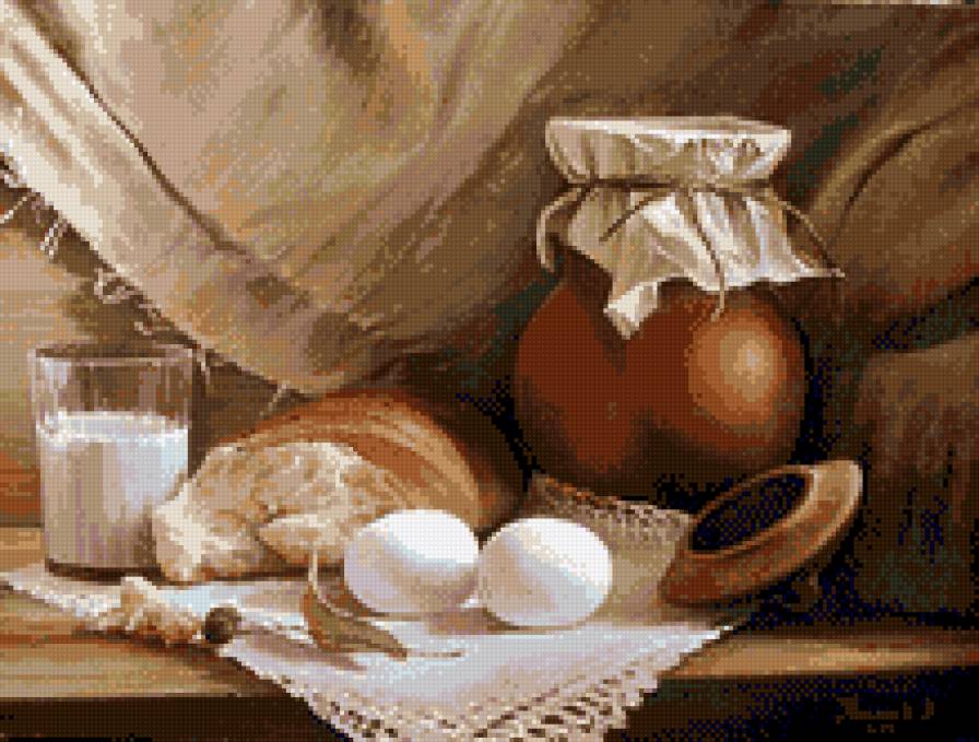 Деревенский завтрак - еда, натюрморт, кувшин, хлеб, деревня - предпросмотр