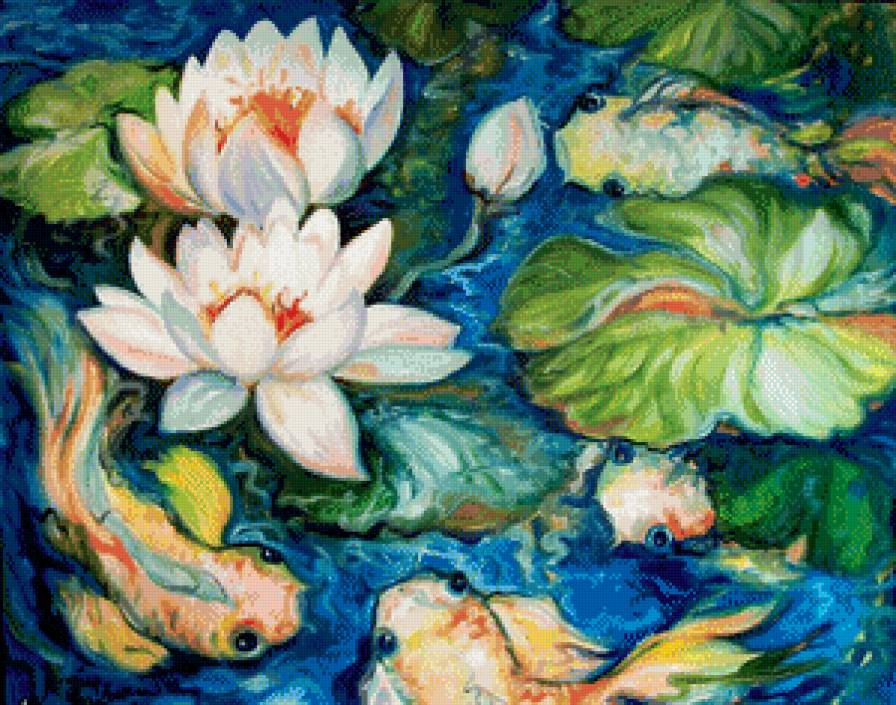 Карпы и лотосы - япония, азия, цветы - предпросмотр