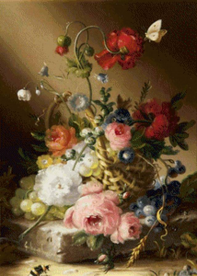 натюрморт с цветами - бабочка, цветы, живопись, букет, виноград, натюрморт - предпросмотр