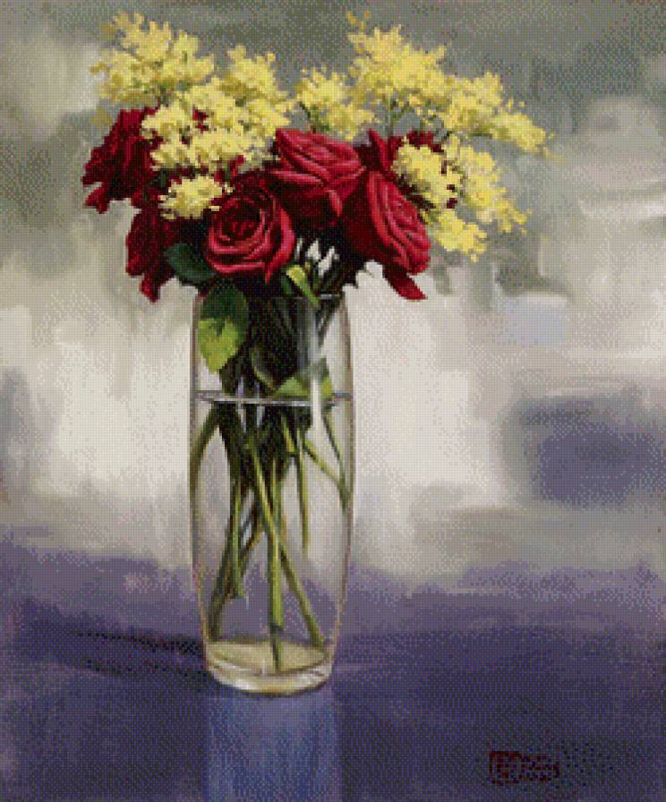 розы с мимозой - ваза, букет, мимоза, весна, натюрморт, розы - предпросмотр